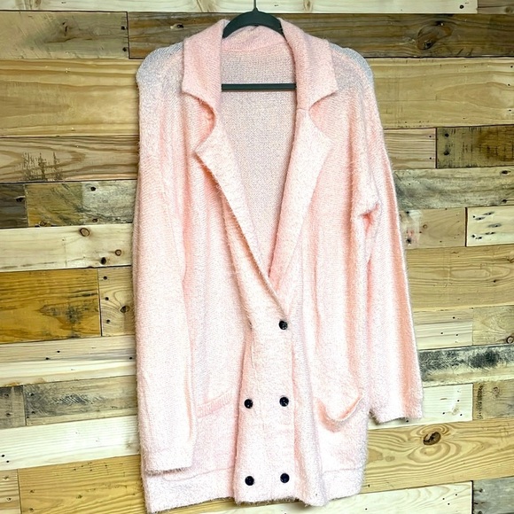 Size XL polyester/acrylic blend light pink double breasted sweater blazer - Picture 1 of 6